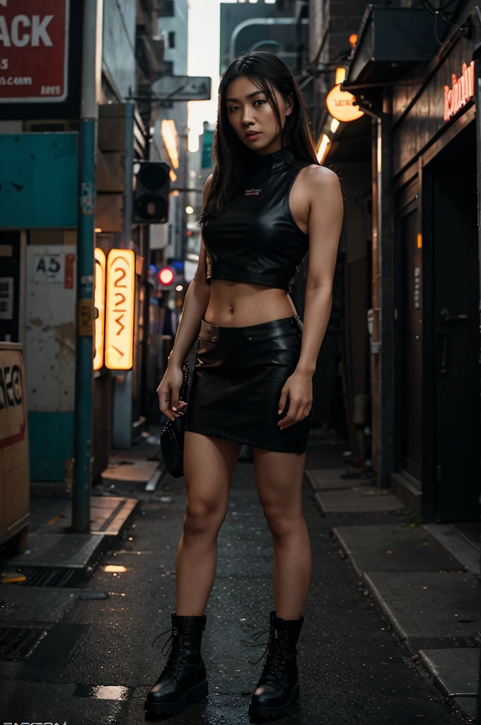 [[((young attractive Asian woman:1.5)), ((Sophie Tan:1.4)), standing in a grungy cyberpunk alley, with her back to the camera. She is wearing ((a short, ripped skirt that has blown up, exposing her buttocks, paired with a tight leather crop top and combat boots:1.2)). Her hair is styled in messy waves, and she has a seductive, intense gaze over her shoulder. The background features graffiti-covered walls, flickering neon lights, and dystopian elements. The scene is captured with a ((mirrorless camera:1.2)) using a ((50mm prime lens:1.2)) to keep the woman in sharp focus while the background is slightly blurred. Post-production enhances the gritty colors and adds a ((soft bokeh effect:1.1)) to the background. The image should be in ((8K resolution:1.1)) with ((hyper-realistic detail:1.3)). The backdrop highlights the cyberpunk alley with detailed textures of graffiti and dystopian elements. The focus is on the woman's blown-up skirt and seductive, intense gaze. Dim, flickering lighting is used with slight enhancements to create a dark and atmospheric scene, with a ((soft bokeh effect:1.1)) on the background, enhanced vibrancy, and high contrast to make the scene pop. She is standing with one hand on her hip, looking seductively over her shoulder, exuding confidence and allure, embodying cyberpunk chic.]]