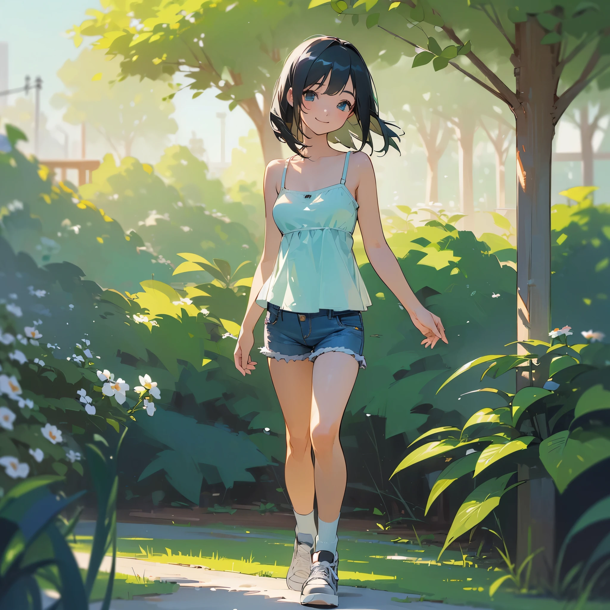 (high quality, High resolution, Very detailed, reality:1.37), Peaceful atmosphere, (Outdoor, garden), Teenage girl standing alone, (my breasts are big.), Beautiful details, Cute Smile, (Black bob hair), camisole, Denim shorts, Blue socks, sneakers.