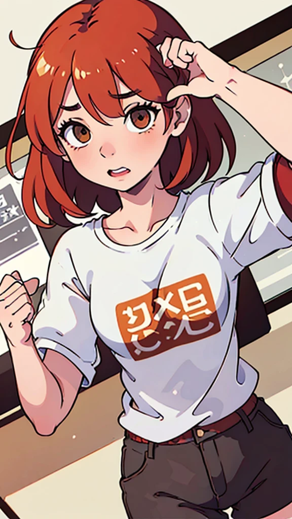 A girl, age 26, light RED hair, yellowish brown eyes, skin fair, body skinny, smallbreast, shy expression and in office clothes. Clumsy and slightly awkward.