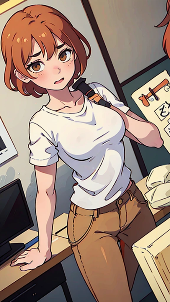 A girl, age 26, light RED hair, yellowish brown eyes, skin fair, body skinny, smallbreast, shy expression and in office clothes. Clumsy and slightly awkward.