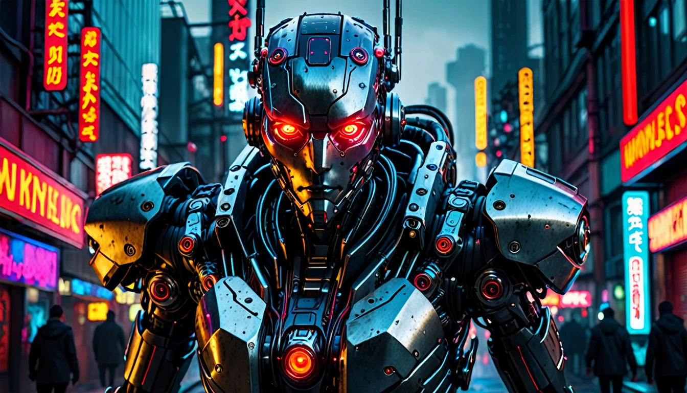 a ruthless cyborg, mechanical body, glowing red eyes, cyberpunk, dystopian, futuristic cityscape, neon lights, steam punk, dark and moody, dramatic lighting, highly detailed, cinematic, photorealistic, (best quality,4k,8k,highres,masterpiece:1.2),ultra-detailed,(realistic,photorealistic,photo-realistic:1.37)