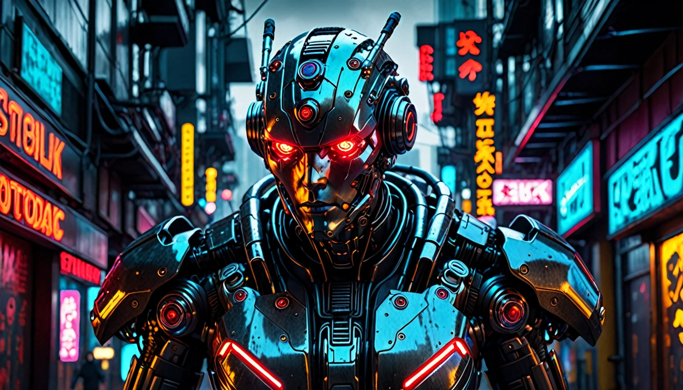 a ruthless cyborg, mechanical body, glowing red eyes, cyberpunk, dystopian, futuristic cityscape, neon lights, steam punk, dark and moody, dramatic lighting, highly detailed, cinematic, photorealistic, (best quality,4k,8k,highres,masterpiece:1.2),ultra-detailed,(realistic,photorealistic,photo-realistic:1.37)