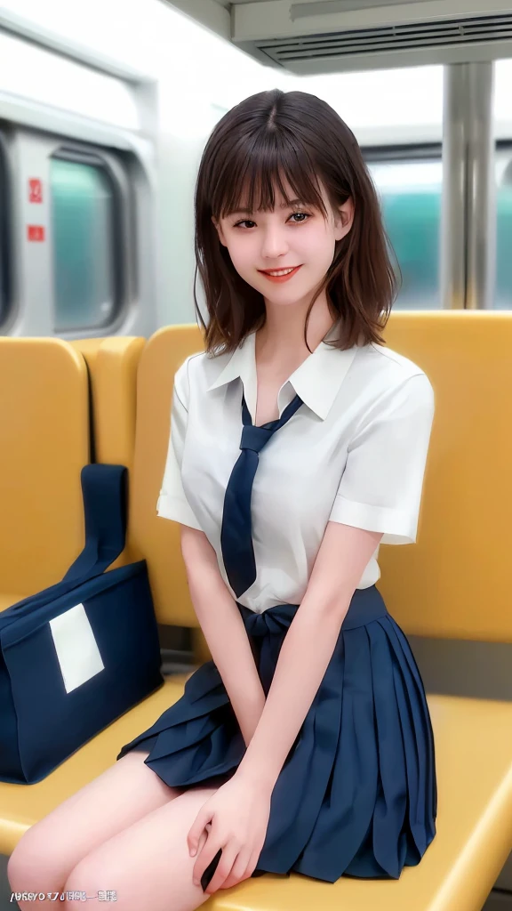 (masterpiece, Highest quality:1.2), 8K, 15 years, 85mm, Official Art, RAW Photos, Absurd, White dress shirt, Pretty face, close, Upper Body, violet, Gardenia, beautiful girl, , (Navy Pleated Skirt:1.1), Squeeze the waist, Thighs, Short sleeve, in the train, sit on bench seat, View your viewers, No makeup, (smile:0.4), Film Grain, chromatic aberration, Sharp focus, Face Light, Bright lighting, Teen, Detailed face, Bokeh Background, (Dark red tie:1.1)Japanese、beautiful girl、A conversation between two people、smile、School、summer, summer服, small breasts, show off nipples , touch pussy, pussy juice, masturbation, vibrator
