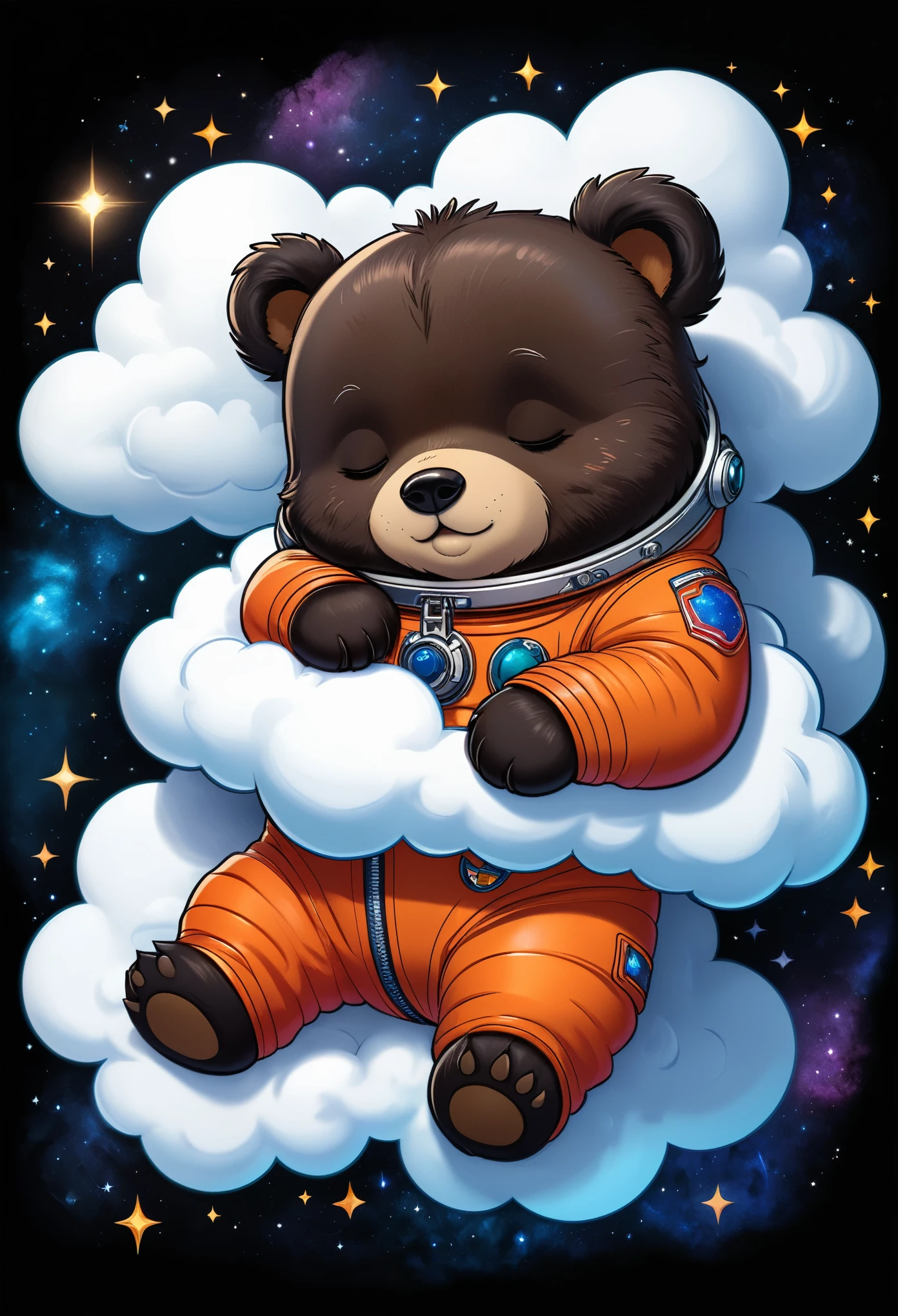 (Cute cartoon style:1.3), (((close-up of mighty bear sleeping on soft clouds))), (full sleek classic spacesuit:1.2), ((open head)), dark fur, epic space scenery, black holes, intricate design, bright colors, masterpiece in maximum 16K resolution, best quality, ultra detailed, aesthetics, absurdes.