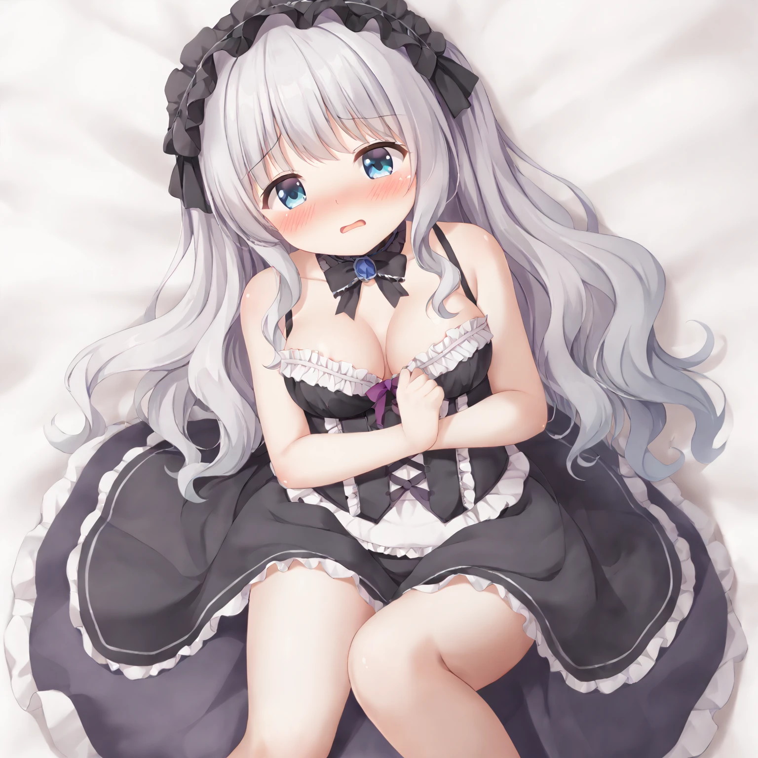 Cute beautiful girl、Embarrassed blush、Budding breasts、Gothic Lolita Lingerie、Wavy Hair、From above、I&#39;m embarrassed because my breasts are exposed and my nipples are visible.、Put your hands between your legs,