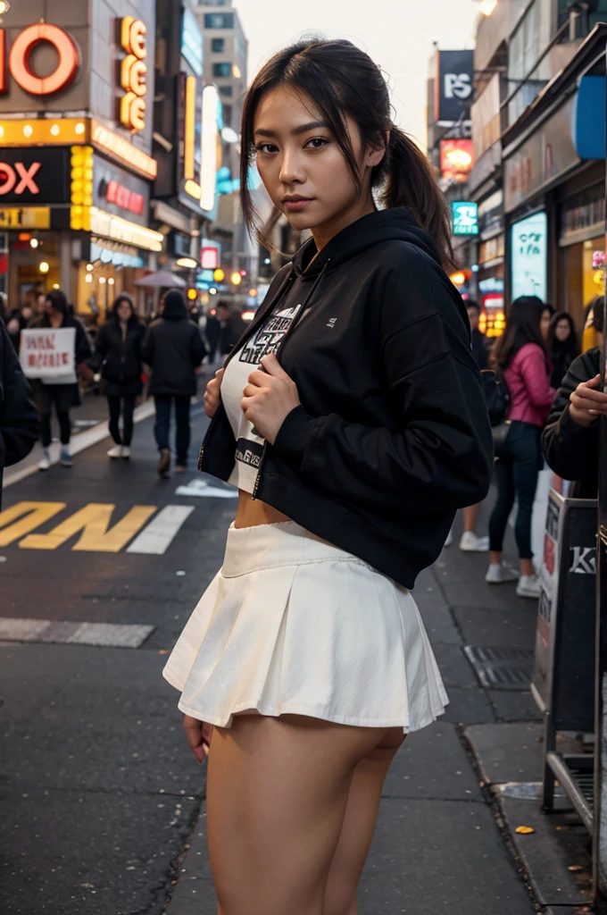 [[((young attractive Asian woman:1.5)), ((Sophie Tan:1.4)), standing on a bustling city street, with her back to the camera. She is wearing ((a short, reflective skirt that has blown up, exposing her buttocks, paired with a cropped hoodie and platform sneakers:1.2)). Her hair is styled in a high ponytail, and she has a seductive, intense gaze over her shoulder. The background features busy sidewalks, street vendors, and neon signs. The scene is captured with a ((high-resolution mirrorless camera:1.2)) using a ((35mm prime lens:1.2)) for a balanced perspective. Post-production enhances the reflective colors and adds a ((soft bokeh effect:1.1)) to the background. The image should be in ((8K resolution:1.1)) with ((hyper-realistic detail:1.3)). The backdrop highlights the bustling city street with detailed textures of signs and vendors. The focus is on the woman's blown-up skirt and seductive, intense gaze. Bright city lighting is used with slight enhancements to create a dynamic and energetic atmosphere, with a ((soft bokeh effect:1.1)) on the background, enhanced vibrancy, and high contrast to make the scene pop. She is standing with one hand on her hip, looking seductively over her shoulder, exuding confidence and allure, embodying Y2K street fashion.]]