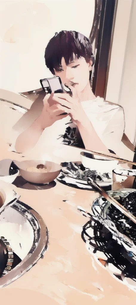 masterpiece,best quality,A man is taking a photo of a bowl of soup, eat, He was about 18 years old5岁, cai xukun, eat noodles, exclusive, He was about 18 years old, He was about 18 years old,