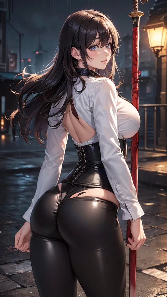 Masterpiece, Best Quality, (perfect anatomy,realist:1.3,from behind, big ass, facial focus,(without looking at the viewer:1.2), (1 girl in:1), 1 woman, (big breasts:1.2), sexy body, thin waist, Attractive front curves, round and soft chest, disgusted face, (black fur:1.6, Waist length hair), evening, Heavy Rain, exterior, City, crop top, (White long sleeve collar shirt:1.4), (leather Brown corset chain), (ripped shiny black leggings), (torn clothes), blood stains, Dark alley, blood splattered on the floor, bright red light, bright Eyes, depth of field, holding a sword, night sky, Atmosphere, perfect hands
