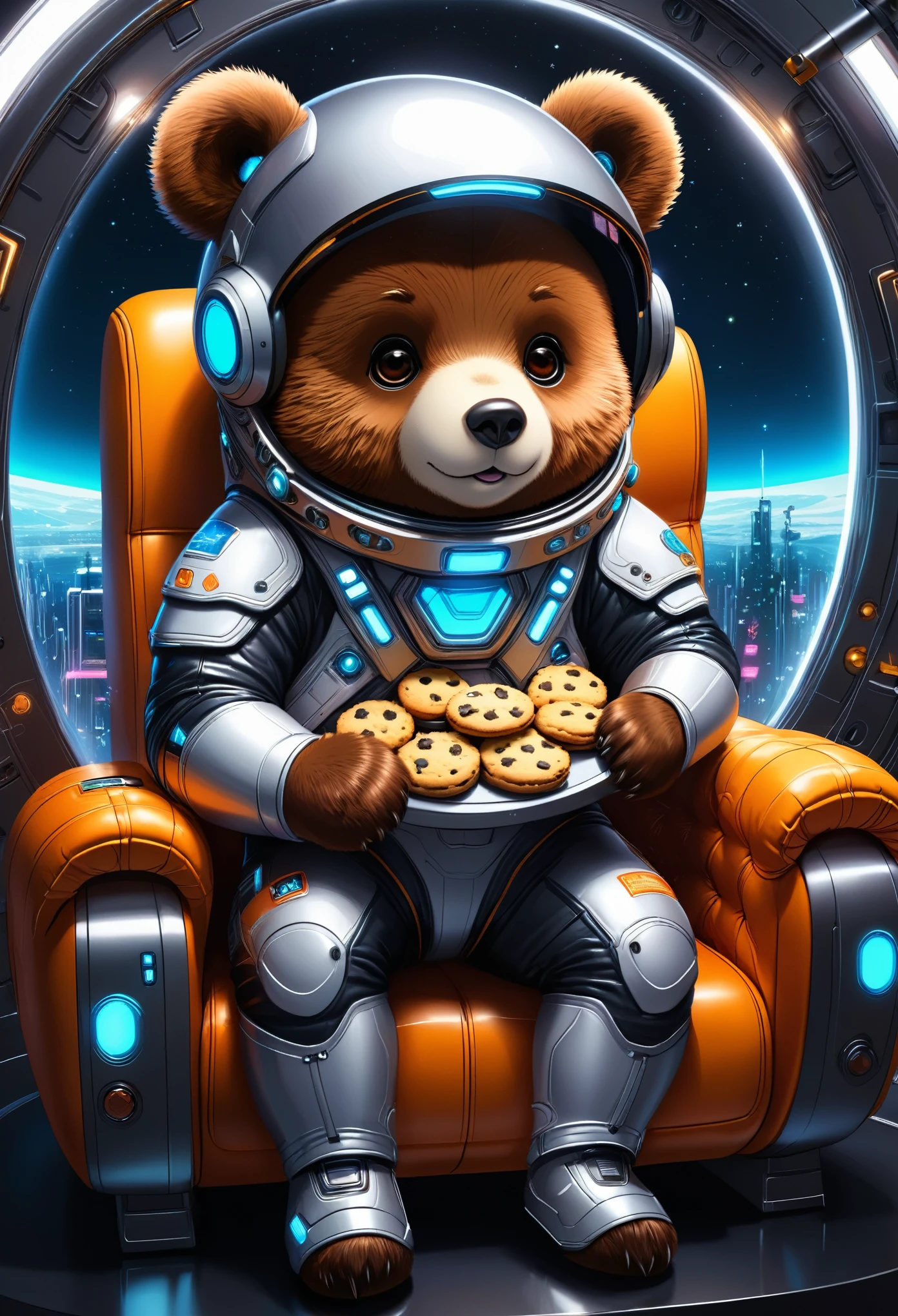 (Cute cartoon style:1.3), (((close-up of bear sitting on futuristic sofa))), (full sleek cyberpunk spacesuit:1.2), ((open head)), (Mars' city outside of illuminator), dark fur, (holding plate of cookies:1.2), intricate spaceship interior, bright colors, masterpiece in maximum 16K resolution, best quality, ultra detailed, aesthetics, absurdes.
