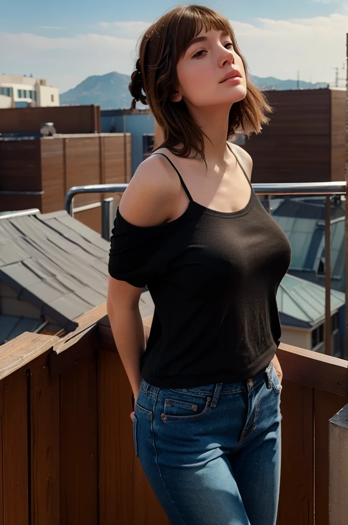 (masterpiece, best quality:1.2) 1girl, solo, fringe, oversize clothes , saggy large breast sfw, a woman in a black top and jeans leaning on a railing, a picture by Niko Henrichon, trending on pexels, aestheticism, camera angle looking up at her, modeling photography, on rooftop, casual pose, casual photography, camera looking up at her, looking from slightly below, shot from below, woman posing, realism, amateur photo