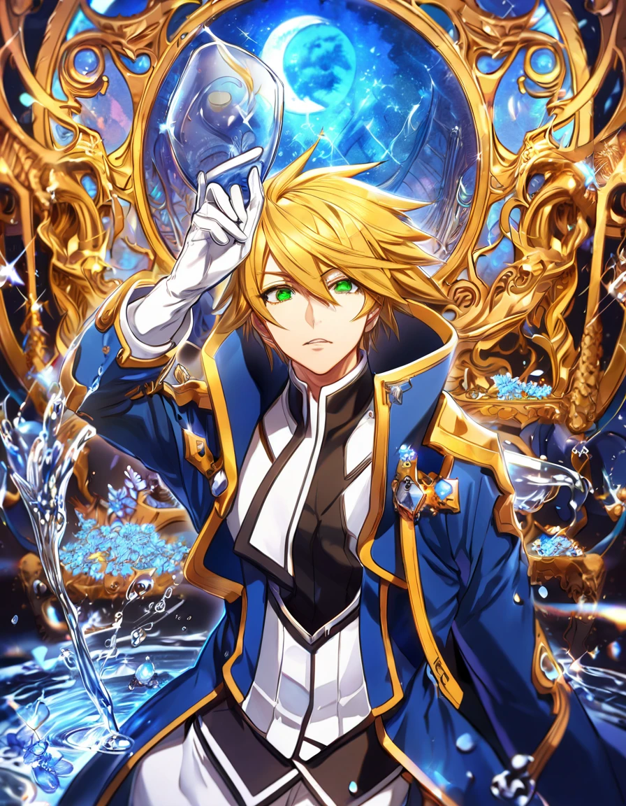 absurdres, highres, ultra detailed, HDR, master piece, best quality, extremely detailed, Kisaragi Jin, blond hair, expressive green eyes, Blazblue, solo, sexy man, handsome, blue coat, white clothes, white gloves, magical, fantasy, glittering, sparkling, glass, blue flowers, blue petals, water, blue moon