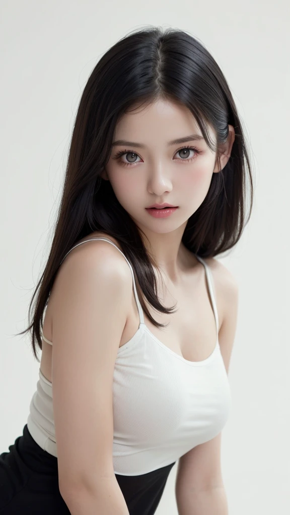 (((forehead、Northern Europe、White people、beautiful girl、Black Hair、White background、pajamas、camisole、)))、table top, highest quality, figure, super detailed, finely, High resolution, 8k wallpaper, Perfect dynamic composition, detailed and beautiful eyes, Deco out,bionde, breasts, Natural color lip,white background, random cute poses,