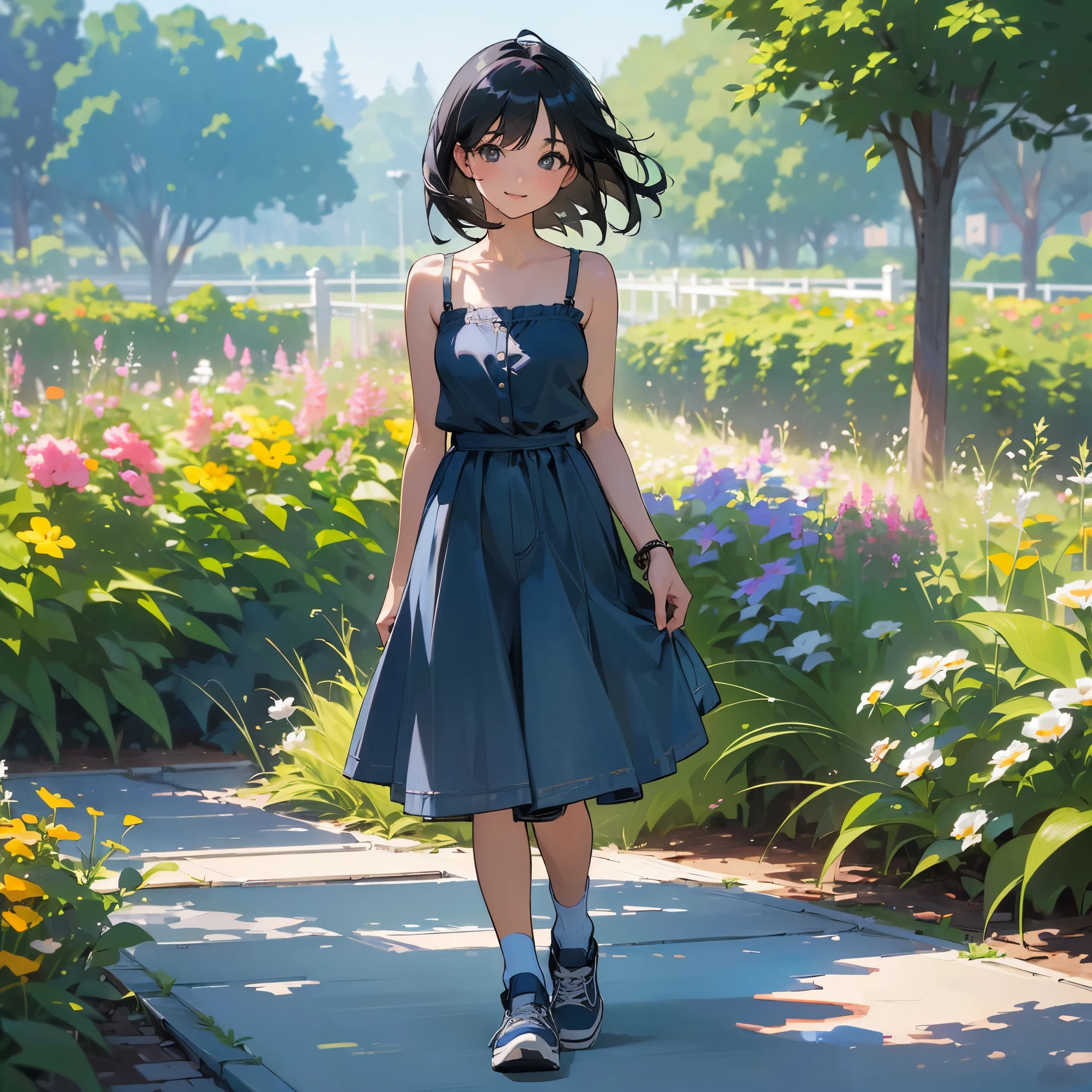 (high quality, High resolution, Very detailed, reality:1.37), Peaceful atmosphere, (Outdoor, garden), Teenage girl standing alone, (my breasts are big.), Beautiful details, Cute Smile, (Black bob hair), camisole, Denim shorts, Blue socks, sneakers.