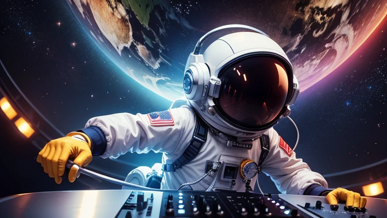 Create a cute and whimsical cartoon image of an astronaut DJ. The astronaut should be wearing a colorful spacesuit with a big, friendly smile visible through the helmet. They are floating in outer space with a DJ turntable in front of them, complete with glowing buttons and lights. Surrounding the astronaut, depict vibrant, swirling galaxies and playful, sparkling stars. Add a small, adorable alien dancing to the music next to the astronaut. The overall scene should be lively, colorful, and full of joy, capturing the fun and excitement of a space-themed DJ party."