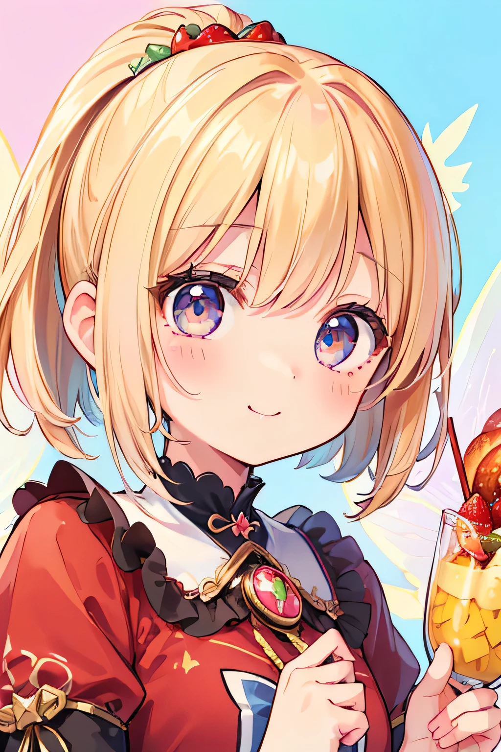 Highest quality、High resolution、Detailed Background、(Beautiful face in every detail:1.4)、Anatomically correct、(Detailed eyes:1.2)、 Girl、Highly detailed face、cute hair color、Bobcut、ponytail、Twin tails、Fairy、A big smile、smile、cute gesture、
(Two cute Fairies are looking at you:1.5)、Fruit and food costumes、Fruit and Candy Costumes、Colorful and cute、Strawberries or bananas、Donut costumes、cute