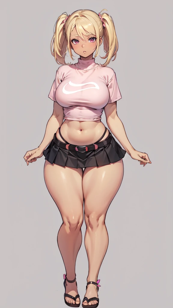 blank background, (((full body))), (masterpiece), ((best quality)), flat chest, short twintail, (wide hips:1.6), (thick thighs:1.4), (very short skirt), sandals, belt below navel, blonde, (pink tshirt), (dark skin)