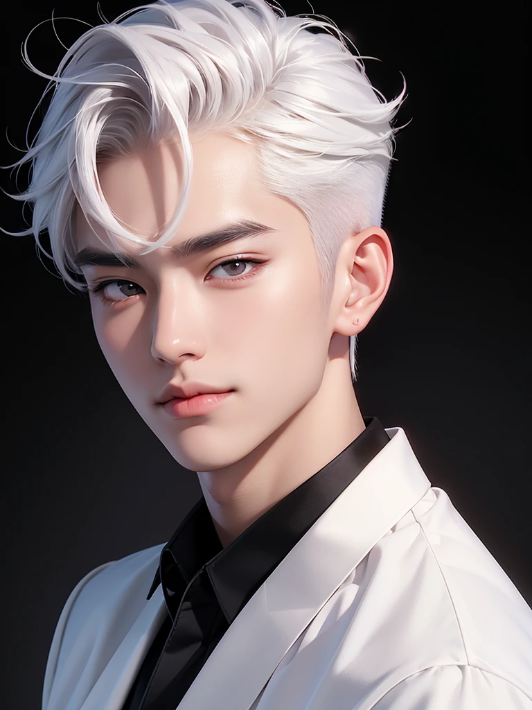 handsome korean boy, sharp eyes, monolid, white hair, arrogant smile, fair skin, black shirt, black wallpaper, portrait angle, soft face, pink blush, lower angle, sexy, calm hair