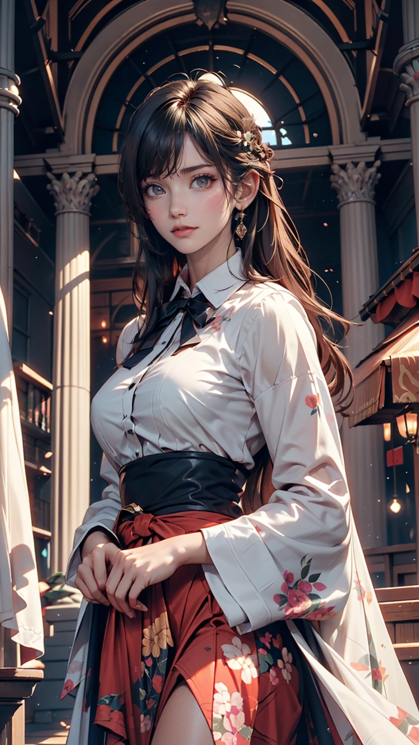 Hyperrealist Female Portrait by David Hockney and Alphonse Mucha,Fantasy art, Photo Real, Dynamic Lighting, Art Station, Poster, Volumetric lighting, Highly detailed face, 4k yen, Awards,, One girl, In the Dark, Deep Shadow, Modest,Cowboy Shot,(Official attire:1.4) ,Long Hair,Gray Hair,