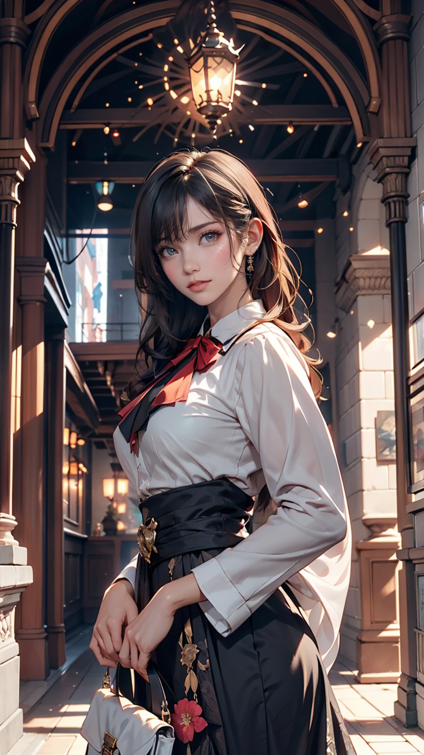 Hyperrealist Female Portrait by David Hockney and Alphonse Mucha,Fantasy art, Photo Real, Dynamic Lighting, Art Station, Poster, Volumetric lighting, Highly detailed face, 4k yen, Awards,, One girl, In the Dark, Deep Shadow, Modest,Cowboy Shot,(Official attire:1.4) ,Long Hair,Gray Hair,