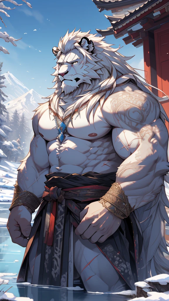 (masterpiece),(highres),(intricate details:1.4),extremely detailed,(illustration:1.2),8k,photorealistic,exquisite,solo,aged,elder male lion ,muscular,Japanese swordsman,manhood ,(white hair:1.3),long hair,long white beard,scar,badly damaged,hurt,broken body ,the icey frozen lake,bleeding ,suffering,naked body 