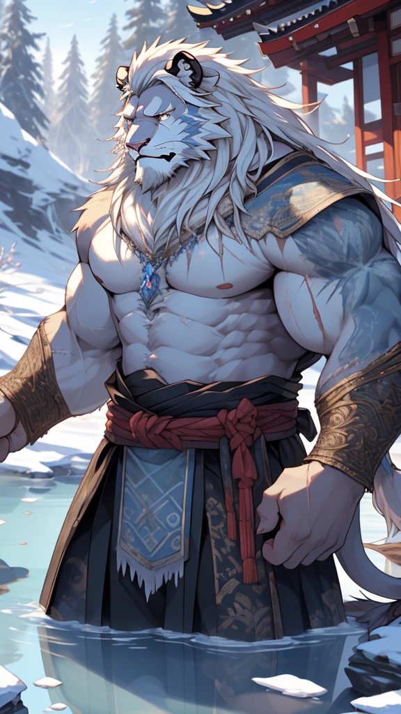 (masterpiece),(highres),(intricate details:1.4),extremely detailed,(illustration:1.2),8k,photorealistic,exquisite,solo,aged,elder male lion ,muscular,Japanese swordsman,manhood ,(white hair:1.3),long hair,long white beard,scar,badly damaged,hurt,broken body ,the icey frozen lake,bleeding ,suffering,naked body 