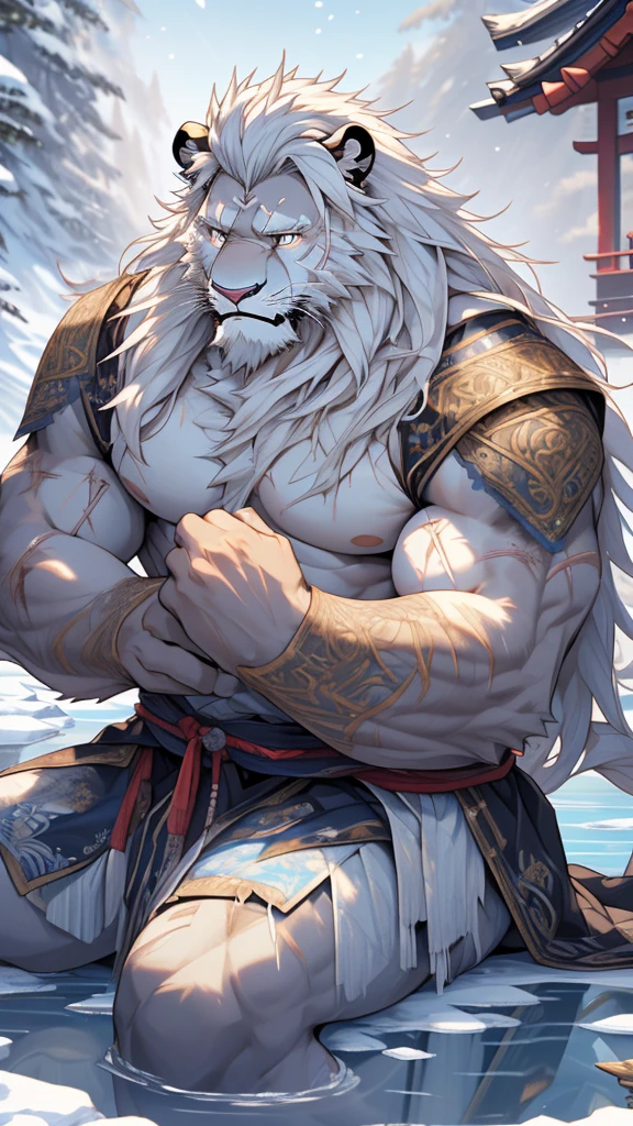 (masterpiece),(highres),(intricate details:1.4),extremely detailed,(illustration:1.2),8k,photorealistic,exquisite,solo,aged,elder male lion ,muscular,Japanese swordsman,manhood ,(white hair:1.3),long hair,long white beard,scar,badly damaged,hurt,broken body ,the icey frozen lake,bleeding ,suffering,naked body 