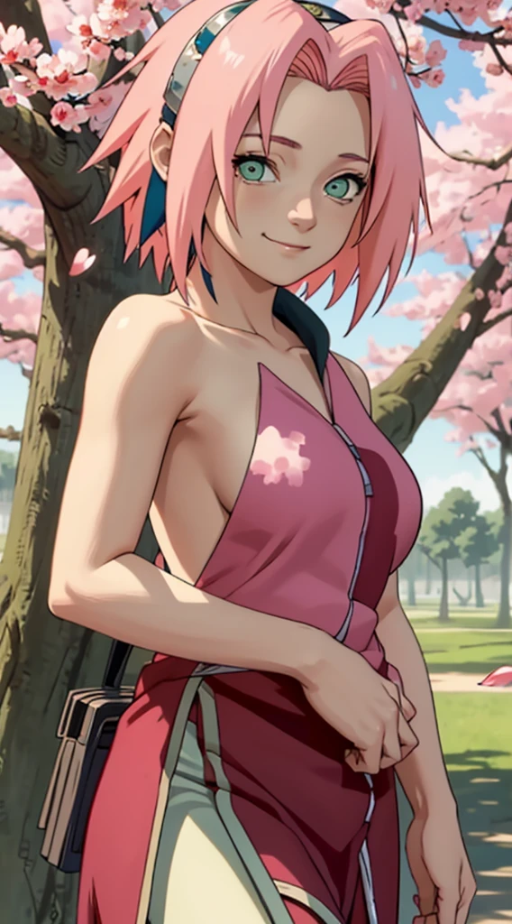 masterpiece, best quality at best, ((naked girl)), ((Sakura Haruno)), big breasts, short hair, is shy, smiles, with pink hair, (Green eyes: 1.4), cherry blossoms , cherry blossoms flying.
