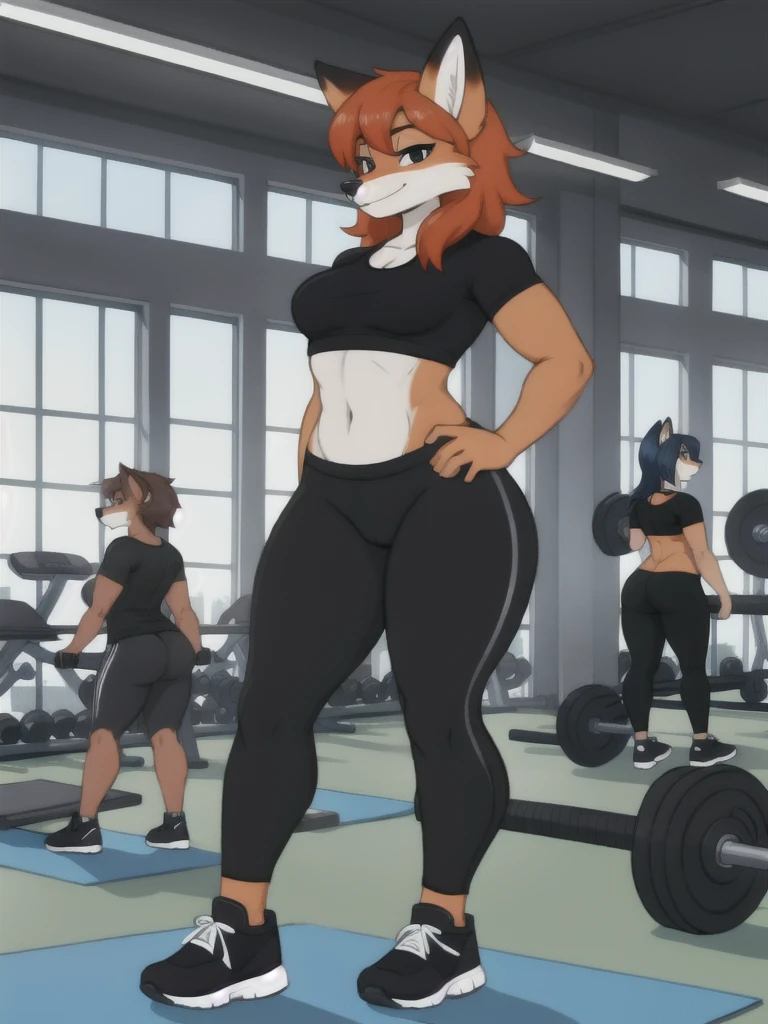 Furry, fox, female, white shirt, black leggings, shoes, gym, teen, full body