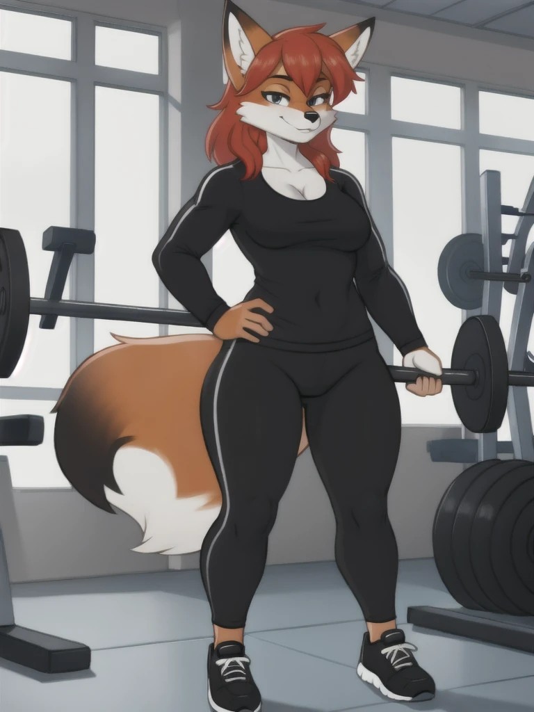 Furry, fox, female, black shirt, black leggings, shoes, gym, teen, standing, full body