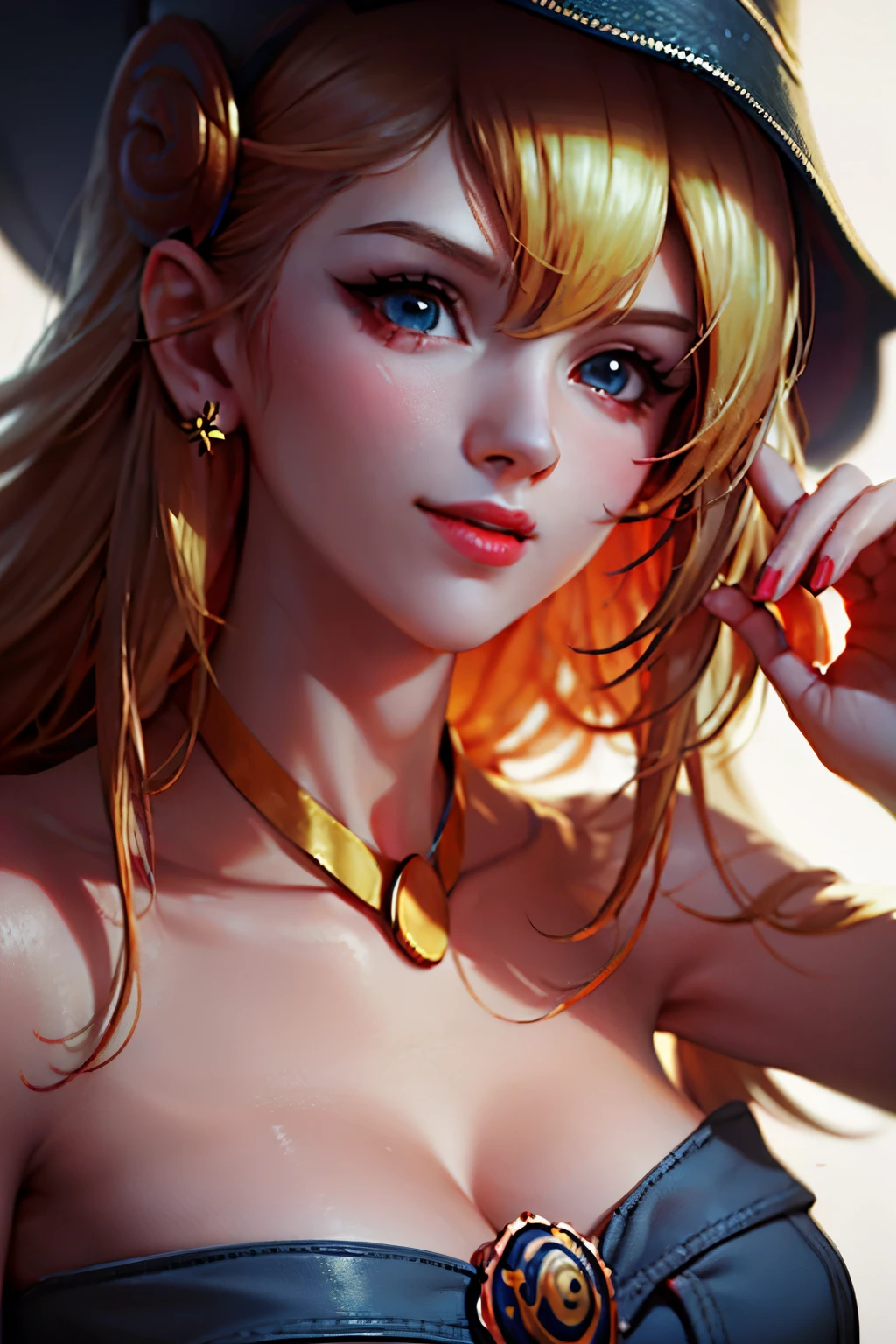 Beautiful face of dark wizard gils.. Blue eyes. Red lips. long blonde hair. gold necklace. gold earrings. smile on his lips. beautiful. Perfect face. half body shot.