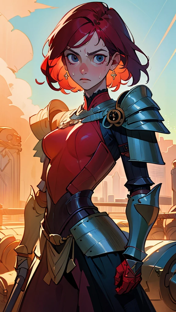 ((((masterpiece, best quality, high resolution)))), Extremely detailed 8K, 1 female, wearing a warrior type of armor, (Ultra HD, Ultra-detailed, Highly detailed, Highly realistic, Ultra-realistic, photograph realistic), (1girl:1.5), (Realistic red hair), (dynamic poses), facing at camera, looking at viewer, (a serious calm face), (regular black eyes, sharp eyes), (perky breasts:1.2), (beautiful detailed face, beautiful detailed eyes), ((armor damaged)), (preparing for a fight), sweat, glow, (sunbeam, sunlight), ((cowboy shot)), battlefield background, seductive, EnvyBetterHands LoCon,