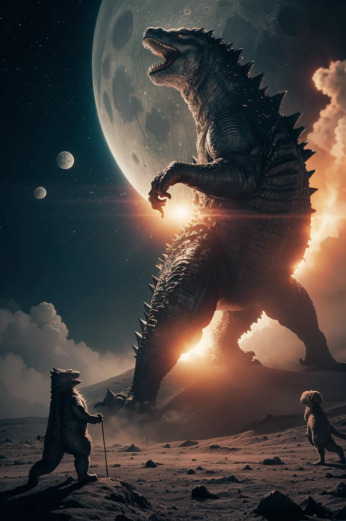Create image of Godzilla on the moon fighting ten astronaut poodles, being seen by aliens.