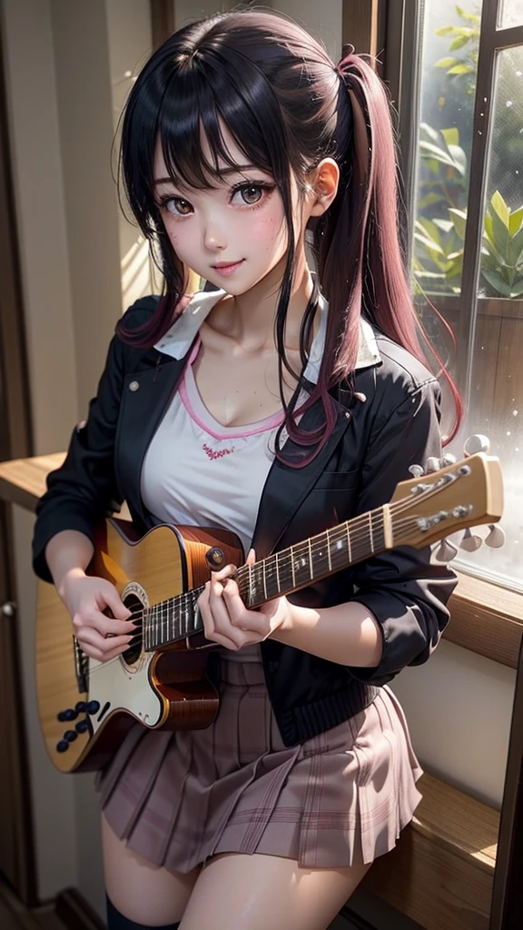 High school girl blazer、 uniform、Red checked knee-length skirt、Long skirt、JK Style、Jacket、smile、Knee-high socks、Thigh-high socks、pantyhose、A superb beauty、Super cute、ennui、Rare beauty、Twin tail hair、Black Dark Eyeshadow、Sad、Good skin glow、Long hair straightener、Dark Gothic Makeup、Dark Smile、Fragrant beauty、Stained glass background、Mastepiece、Best Quality、Refers to 5 books、Sweat glistening on my chest、Sweat glistening on my face、Small breasts、Dark pink hair、Age 22 years old、Slightly slim、Mysterious look、A sad expression、Pink Hair、mysterious gothic church、enchanting castle、Sweating profusely all over the body、A lot of sweat and light on the thighs、Shiny thighs、Plenty of sweat glistening on the thighs、A large amount of sweat glistens on my thighs、Sweating profusely、Gal、Small breasts、japanese face、Alluring expression、Thin thighs、Playing guitar、I have a guitar、Sing a song enthusiastically、Playing guitar in a band、Playing guitar chords、Live House Background、Sing a song、Open your mouth、Live house scenery、Looking down a little、Mike stand、