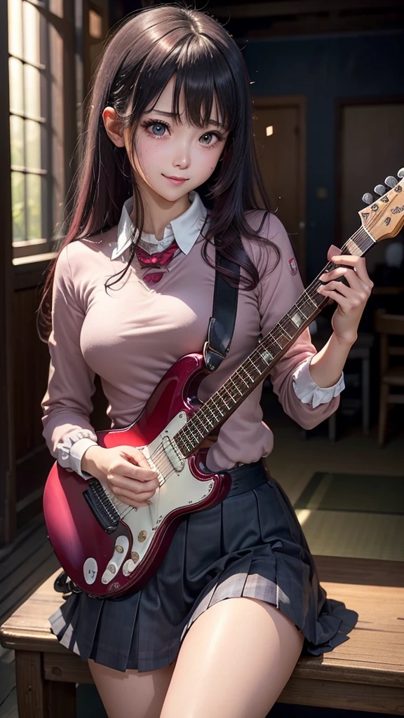 Girl holding guitar, youthful Japan girl in Japan uniform realistic young idol, young cute gravure idol, young sensual gravure idol, young gravure idol, Japan model,