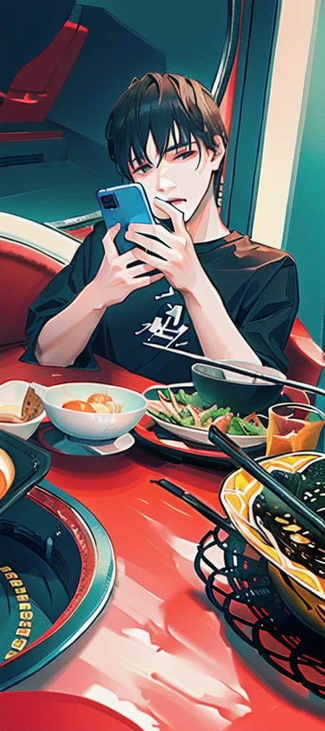 masterpiece，best quality，A man is taking a photo of a bowl of soup, eat, He was about 18 years old5岁, cai xukun, eat noodles, exclusive, He was about 18 years old, He was about 18 years old, 
