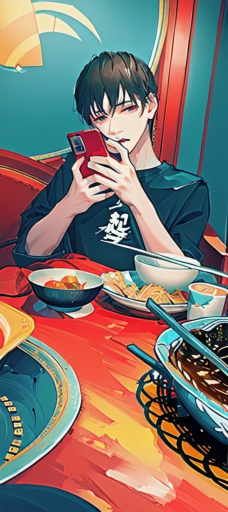 masterpiece,best quality,A man is taking a photo of a bowl of soup, eat, He was about 18 years old5岁, cai xukun, eat noodles, exclusive, He was about 18 years old, He was about 18 years old,