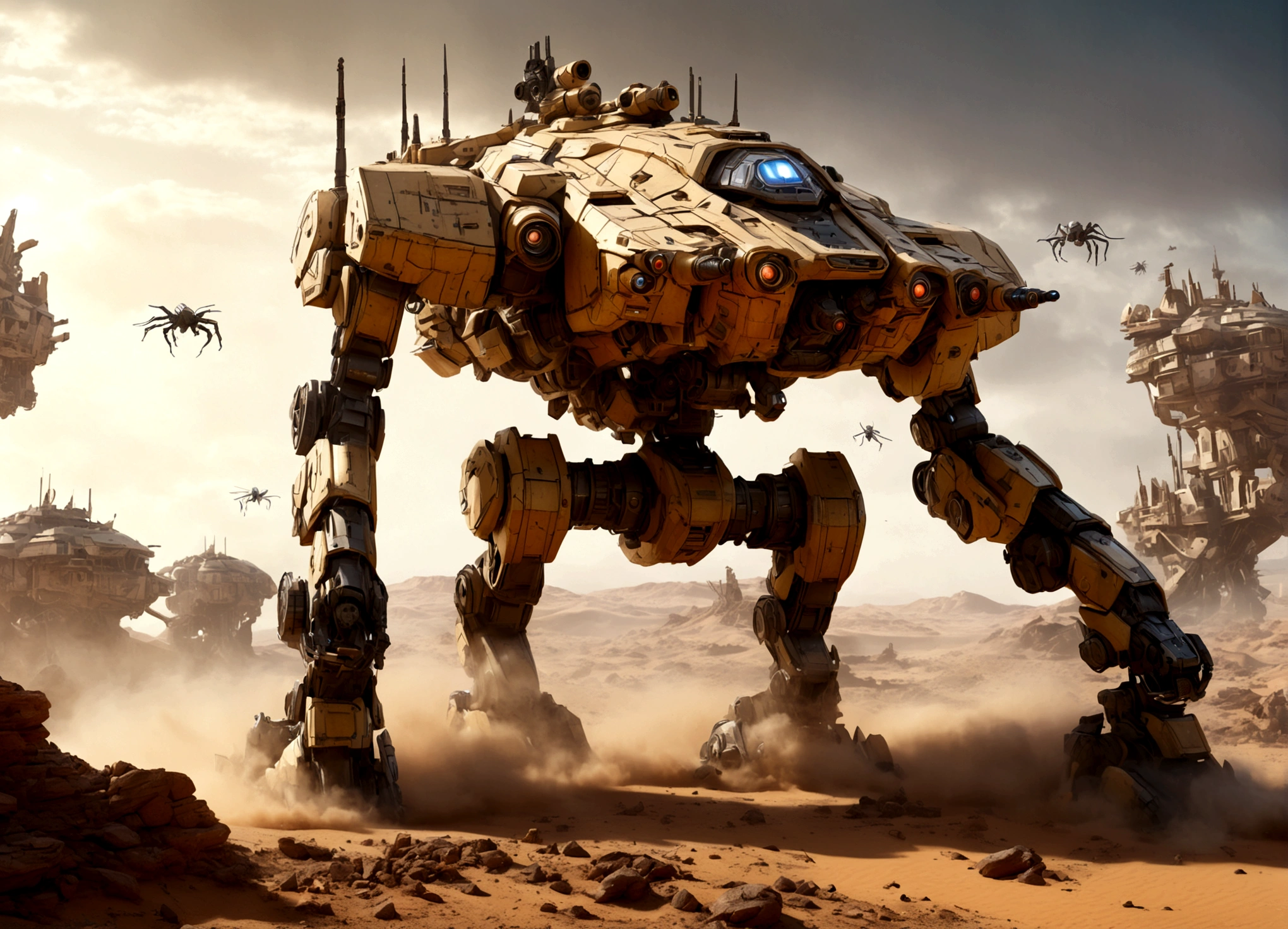 a massive imperial armored walker, huge mechanical mecha with big guns, assaulting an alien stronghold with organic, insect-like hive architecture on a desert planet, intense firefight, dynamic action scene, cinematic, concept art style, highly detailed, photorealistic, 8k, dramatic lighting, vivid colors, volumetric fog, (best quality,4k,8k,highres,masterpiece:1.2),ultra-detailed,(realistic,photorealistic,photo-realistic:1.37)