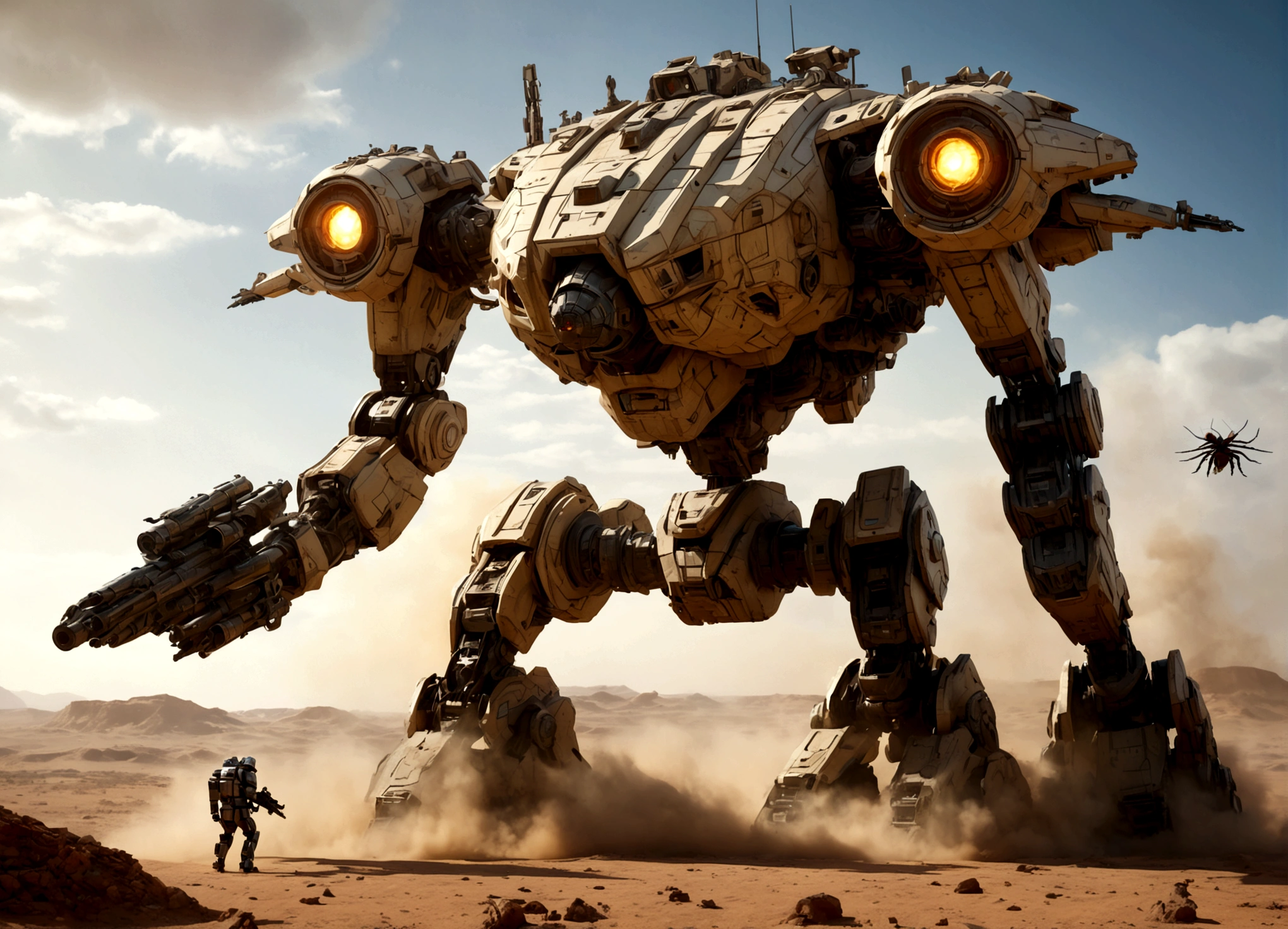 a massive imperial armored walker, huge mechanical mecha with big guns, assaulting an alien stronghold with organic, insect-like hive architecture on a desert planet, intense firefight, dynamic action scene, cinematic, concept art style, highly detailed, photorealistic, 8k, dramatic lighting, vivid colors, volumetric fog, (best quality,4k,8k,highres,masterpiece:1.2),ultra-detailed,(realistic,photorealistic,photo-realistic:1.37)