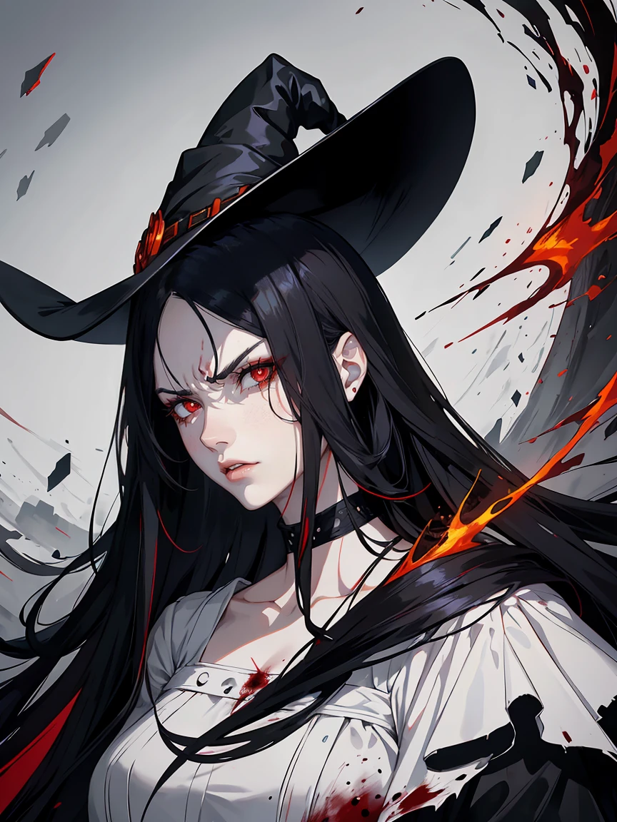 handsome woman，red-eyes，red pupils，Long black hair, grey skin, looks ill, Hyperresolution，accuracy，Detailed rendering，（Subtle facial image）（Image of fine hair）（topquality）（Masterpieces of masters）（High degree of completeness）（A sense of atmosphere）tmasterpiece，Super detailed and super detailed（full-body portrait), large witch hat, ankle length black straight hair, fierce look in her eyes, looks angry, blood, full body