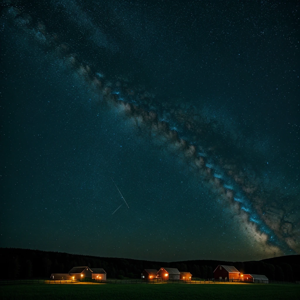 farm at night with the sky full of stars