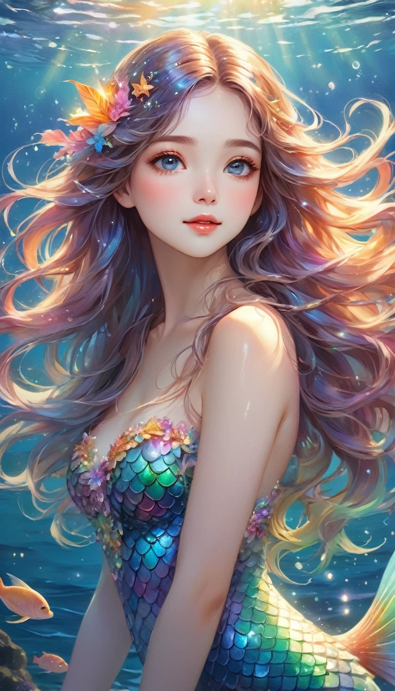 Beautiful mermaid full body portrait，Q version cartoon big eyes，Dancing and singing freely in the sea，With flow,Rainbow scales and long,Flowing hair. She is sitting on a rock by the sea under the moonlight,surrounded by Gentle waves and sparkling Marine Life.,(style: fantasy, Practical),(detail: Long hair, Rainbow scales, moonlight, Marine Life, Gentle waves),(Anatomically correct),best quality,Good quality,16K,Ridiculous,Very detailed,Delicate and beautiful eyes,Smooth and beautiful skin,Beautiful hair，闪亮的detail,仔细绘制detail,Complex gradients like watercolor,bright coloring,Excellent color balance,happy dream,Zentangle elements,Rendering,Chanting colorful mantras,((flash)),Hologram processing,excellent,Magic Effects,Place tiny light particles,Draw the facial lines carefully,attractive,Natural Makeup