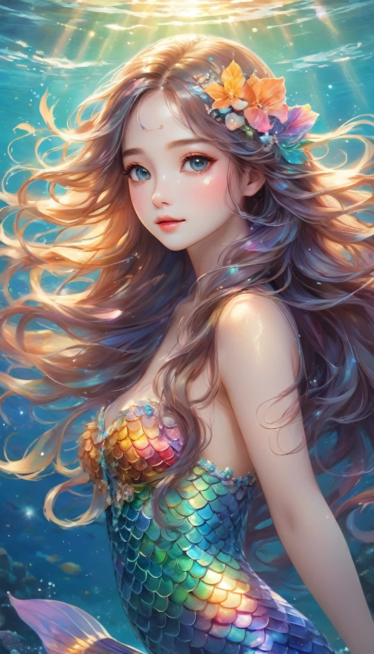 Beautiful mermaid full body portrait,Q version cartoon big eyes,Dancing and singing freely in the sea,With flow,Rainbow scales and long,Flowing hair. She is sitting on a rock by the sea under the moonlight,surrounded by Gentle waves and sparkling Marine Life.,(style: fantasy, Practical),(detail: Long hair, Rainbow scales, moonlight, Marine Life, Gentle waves),(Anatomically correct),best quality,Good quality,16K,Ridiculous,Very detailed,Delicate and beautiful eyes,Smooth and beautiful skin,Beautiful hair,闪亮的detail,仔细绘制detail,Complex gradients like watercolor,bright coloring,Excellent color balance,happy dream,Zentangle elements,Rendering,Chanting colorful mantras,((flash)),Hologram processing,excellent,Magic Effects,Place tiny light particles,Draw the facial lines carefully,attractive,Natural Makeup