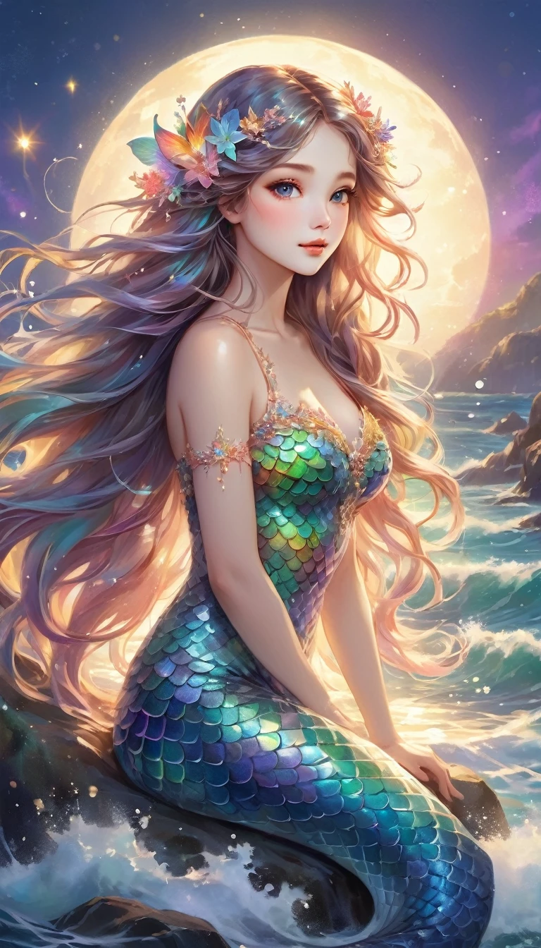 Beautiful mermaid full body portrait，Q version cartoon big eyes，Dancing and singing freely in the sea，With flow,Rainbow scales and long,Flowing hair. She is sitting on a rock by the sea under the moonlight,surrounded by Gentle waves and sparkling Marine Life.,(style: fantasy, Practical),(detail: Long hair, Rainbow scales, moonlight, Marine Life, Gentle waves),(Anatomically correct),best quality,Good quality,16K,Ridiculous,Very detailed,Delicate and beautiful eyes,Smooth and beautiful skin,Beautiful hair，闪亮的detail,仔细绘制detail,Complex gradients like watercolor,bright coloring,Excellent color balance,happy dream,Zentangle elements,Rendering,Chanting colorful mantras,((flash)),Hologram processing,excellent,Magic Effects,Place tiny light particles,Draw the facial lines carefully,attractive,Natural Makeup