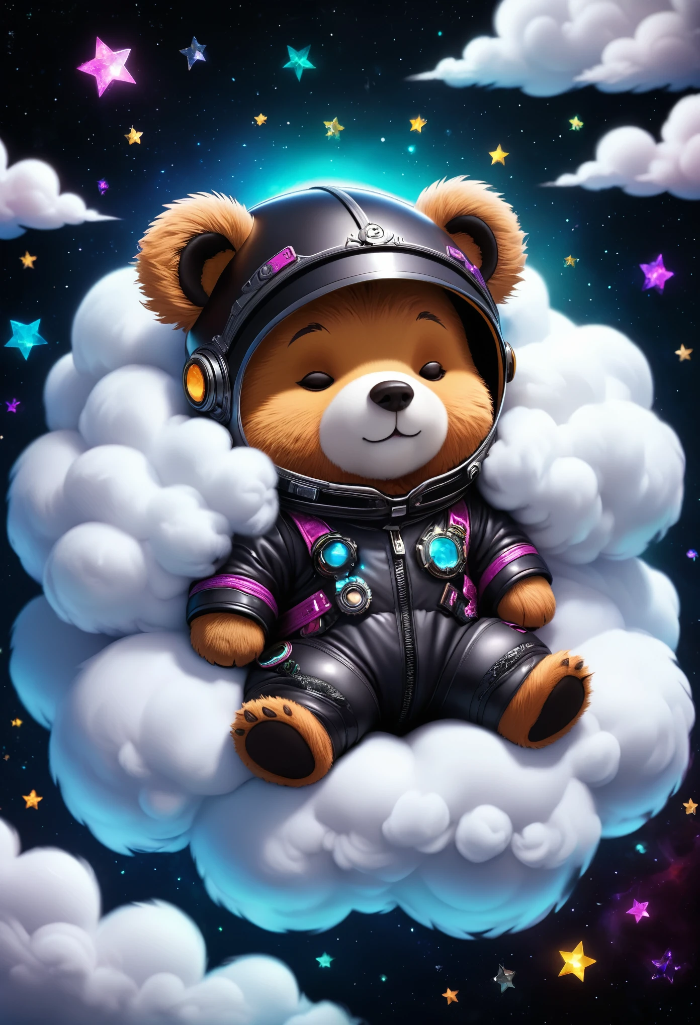 (Cute cartoon style:1.3), (((close-up of mighty bear sleeping on soft clouds))), (full sleek cyberpunk spacesuit:1.2), ((open head)), dark fur, epic space scenery, black holes, ((sparkling stars)), intricate design, bright colors, masterpiece in maximum 16K resolution, best quality, ultra detailed, aesthetics, absurdes.