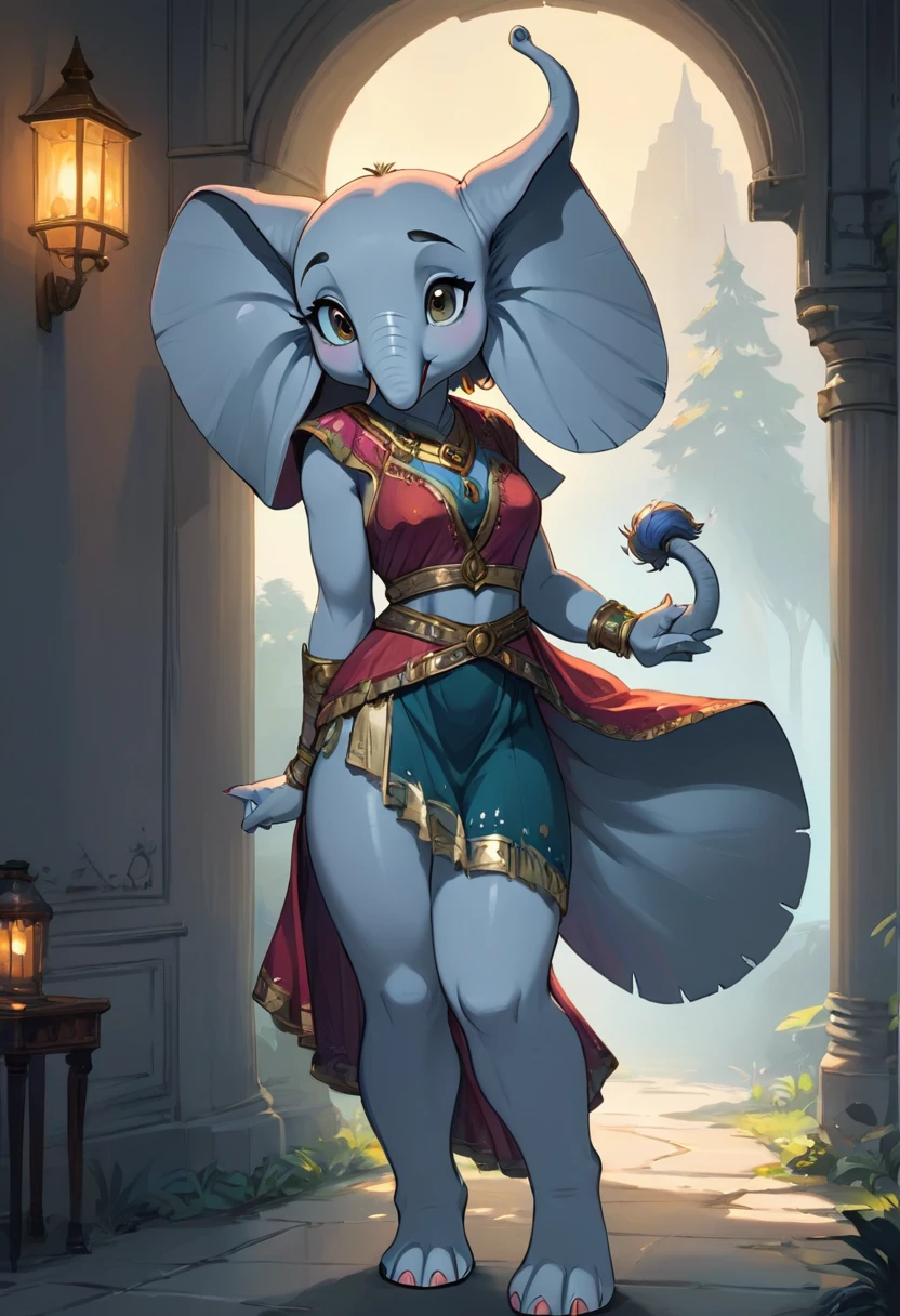 Create an illustration, Hand Painted, Full color image of an anthropomorphic elephant woman. Artwork should be presented in the following styles "Breath of the Wild," With warm lighting and shadows. Graphite Shader Included, Template Tags, And airbrush acrylic paint effect. Images should be of the highest quality, A masterpiece of exquisite detail. The elephant woman should have a female, Humanoid, Furry appearance，Gray skin. She should have full lips, A bright smile, Bright, Expressive eyes, Exudes beauty, cute, 和cute. Ensure high-resolution images with sharp details, With detailed and vivid background. Add mysterious lights in the background, Create a romantic and charming atmosphere.
