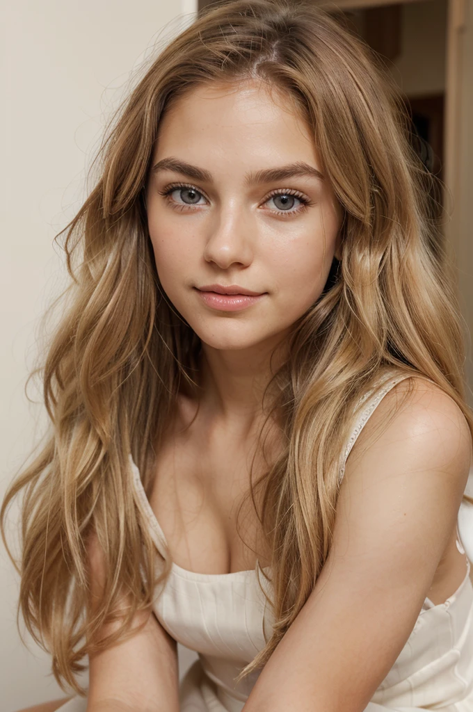 (best qualityer,realisitic),girly face,20 year,grey-eyed,long wavy golden blonde hair,moderately thick eyebrows,Sharp chin,tiny nose,heart shaped face,smooth and silky skin,fast luminosa,vibrant bright eyes,golden highlights in hair,captivating smile,natural beautiful,funny posture,gentle expression,dreamy atmosphere,soft natural lighting,Subtle blush on cheeks,Delicate facial features,elegant and elegant style,subtle touch of sophistication,pure and innocent charm,color palette with warm tones and soft pastels, wearing a revealing dress, white gown, good , big-ass, photo by full body, sitting on knees