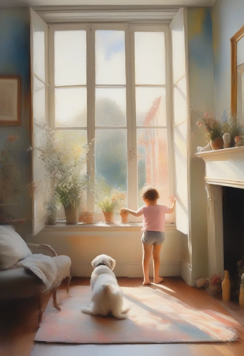 score_9, score_8_up, score_7_up, score_6_up, score_5_up, score_4_up, fluffy large dog and human  playing together, soft sparkling effects, room in the house, large windows, cute illustration style, fusion of watercolors and oil paintings, light pastel colors, 2.5D