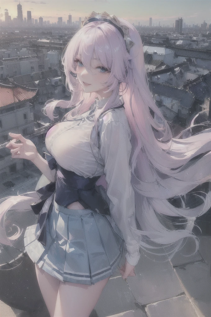 official art, masterpiece, sharp focus, (beautiful gorgeous cute Korean woman:1.3), (beautiful cute korean:1.3), korean beauty, Delicate and beautiful hair and eyes and face, realistic, ultra detailed, beautiful girl, blue sky, glow white particle, (sidelighting:1.2), sun light, white cloud, detailed clouds, slender, Lovely very large breasts and very large hips, smile with teeth, ((smile with eyes, open both eyes)), scenery, long straight hair, sexy facial expression, building, (cityscape:1.7), dynamic hair, long straight hair, detailed platinum pink hair, glow blue eyes, (blue pleated shirts + white skirt), white long socks, pale skin, hair ornament, epic scenery,