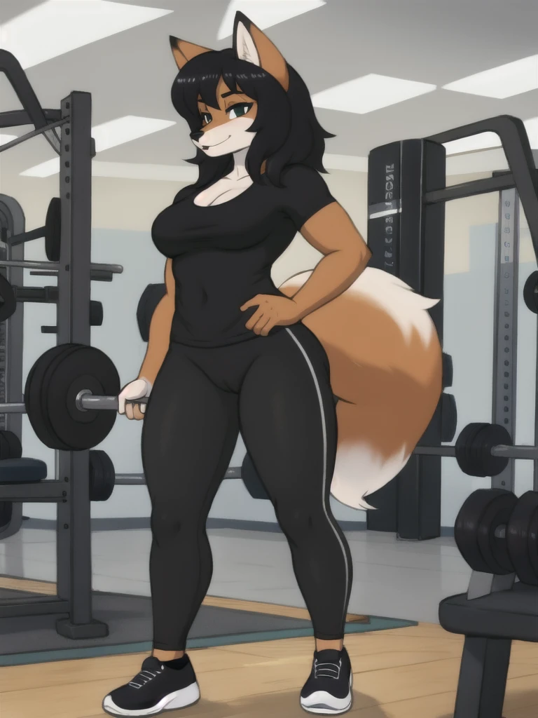 Furry, fox, female, black shirt, black leggings, shoes, gym, teen, standing, full body