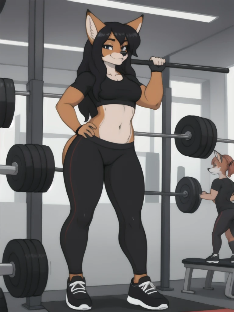 Furry, fox, female, black shirt, black leggings, shoes, gym, , standing, full body
